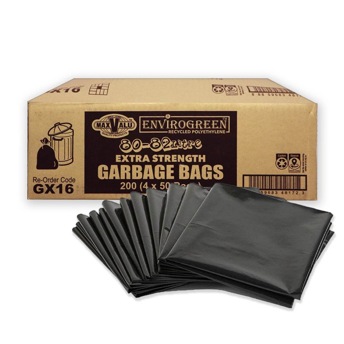 Heavy Duty 80L Black Recycled Garbage Bags  - 200 Bags