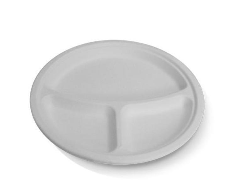 10 inch / 3 compartment Round Sugarcane Plate 500pc/ctn