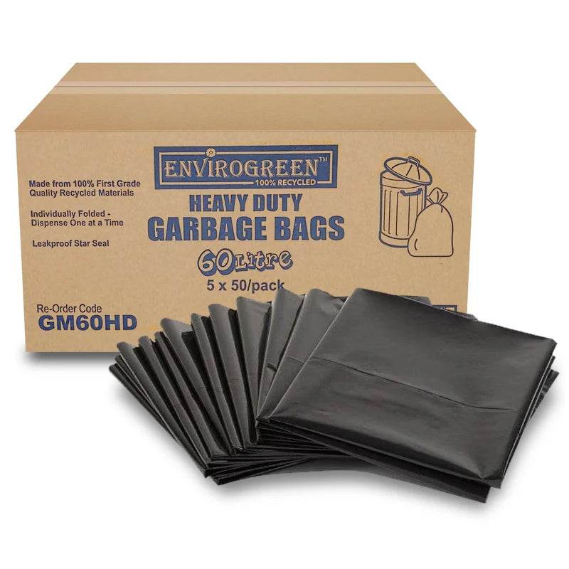 Heavy Duty 60L Black Recycled Garbage Bags  - 250 Bags